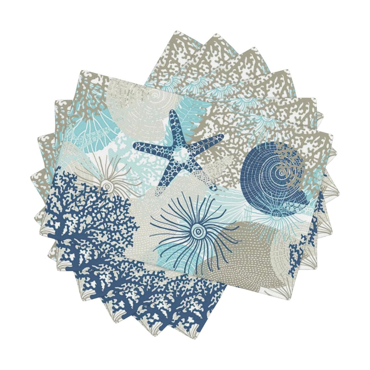 Nautical Coastal Placemats Set of 6 18x12 Inch Summer Beach Themed Linen Place Mats Heat-Resistant Washable Wipeable Beachy Seashell Table Mat for Party Kitchen Dining Room Dinner Table Decor