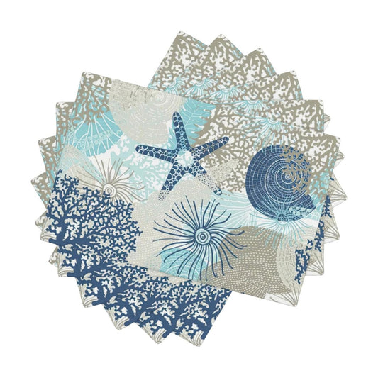 Nautical Coastal Placemats Set of 6 18x12 Inch Summer Beach Themed Linen Place Mats Heat-Resistant Washable Wipeable Beachy Seashell Table Mat for Party Kitchen Dining Room Dinner Table Decor