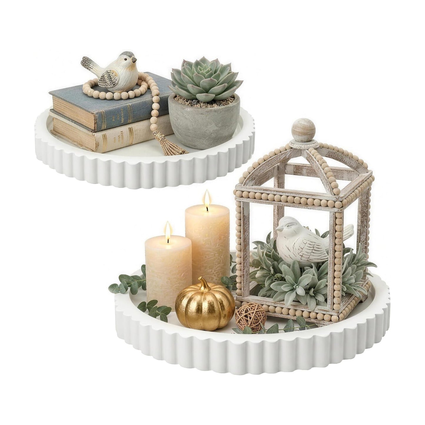 Modern Minimalist Wooden Round Decor Tray / White / Set of 2