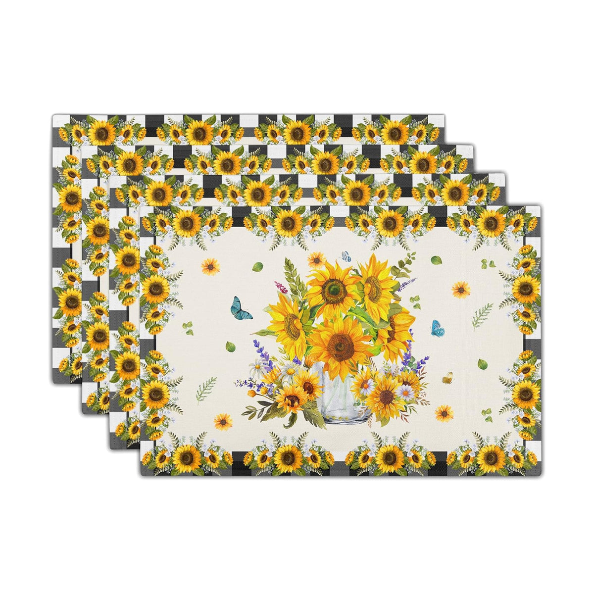 Sunflower Placemats Set of 4 18x12 Inch Summer Fruit Black and White Buffalo Plaid Linen Place Mats Heat-Resistant Washable Wipeable Yellow Floral Table Mat for Kitchen Dining Room Dinner Table Decor