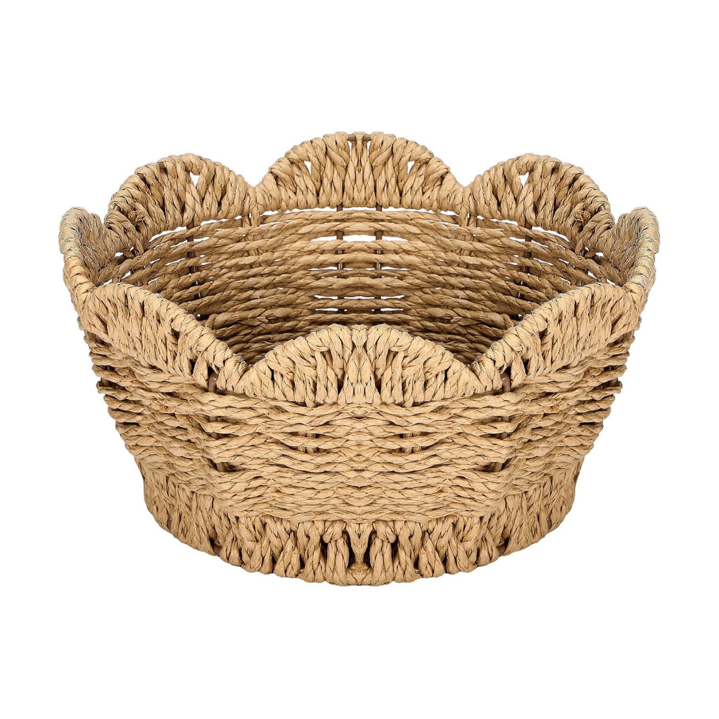 Scalloped Woven Basket Large Coastal Hand-woven Round Tabletop Organizer for Fruit Bread Kitchen