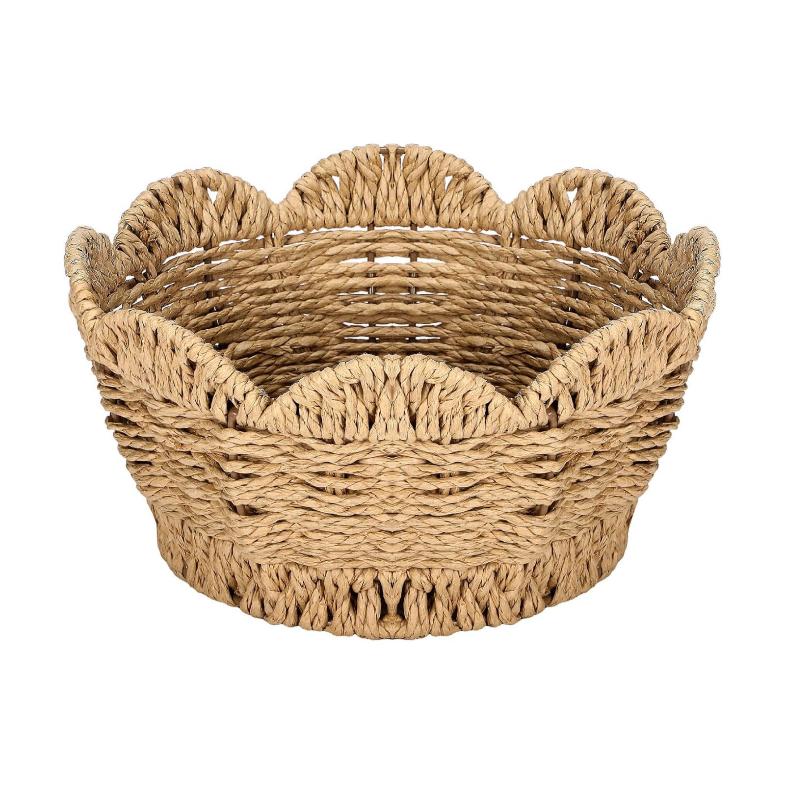 Scalloped Woven Basket Large Coastal Hand-woven Round Tabletop Organizer for Fruit Bread Kitchen