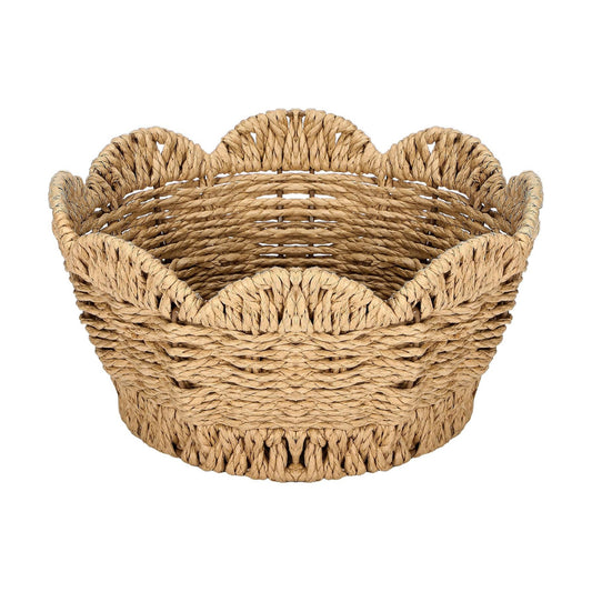 Scalloped Woven Basket Large Coastal Hand-woven Round Tabletop Organizer for Fruit Bread Kitchen