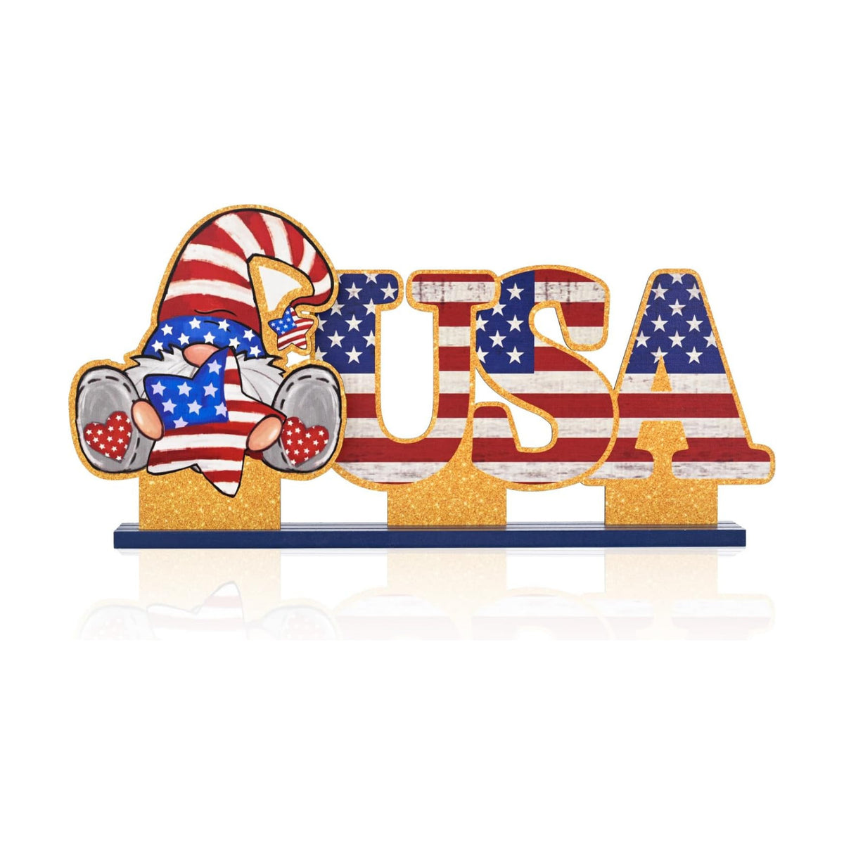 Smile Patriotic USA Wooden Standing Decor Set, 2-Piece 4th of July Tiered Tray Tabletop Signs with Gnome for Independence Day