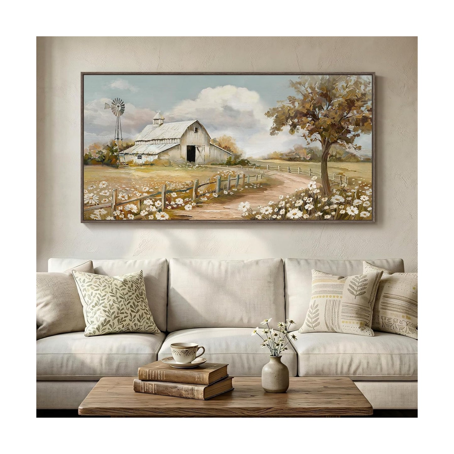 Large Farmhouse Landscape Wall Art / 60"L x 30"W / Beige