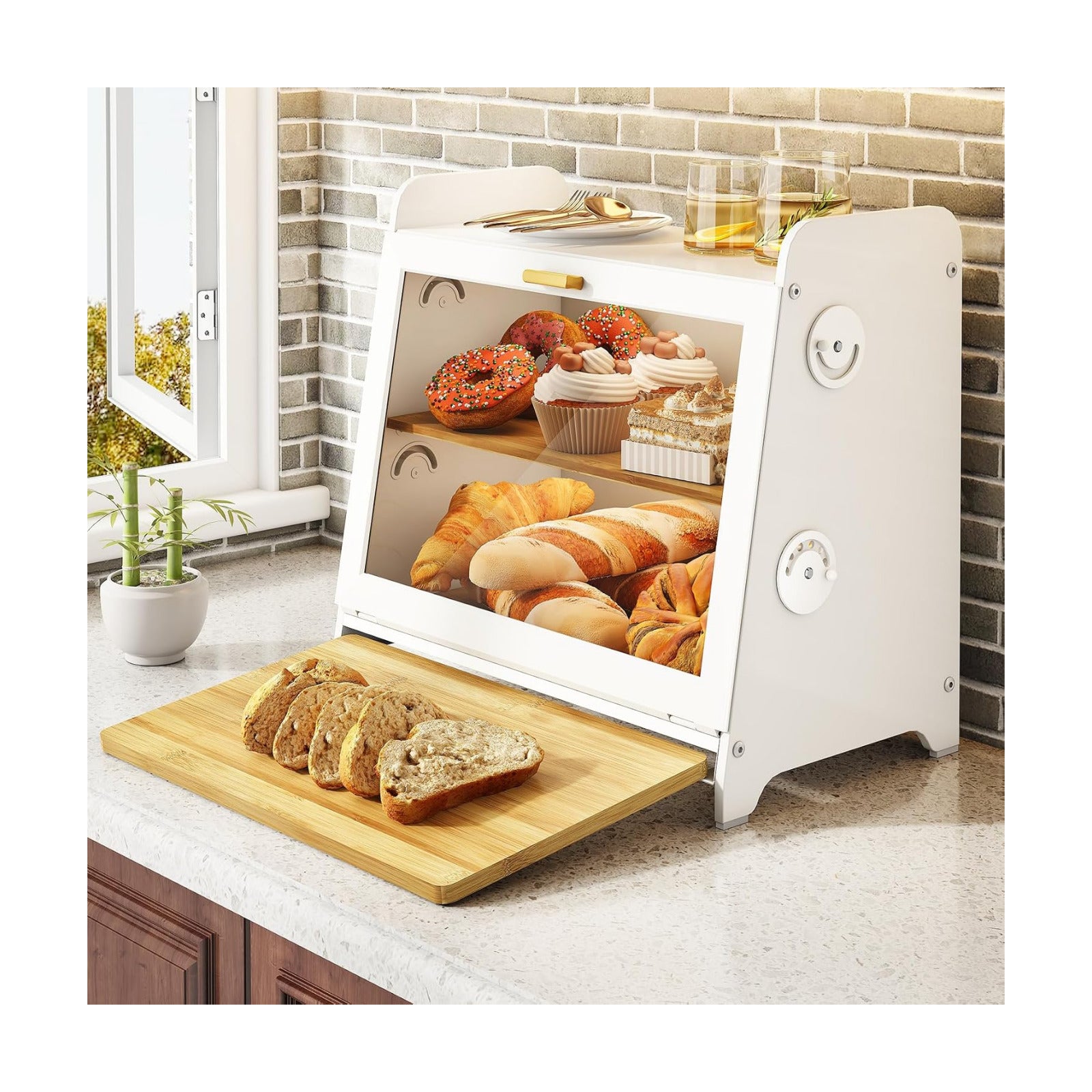 SNTD Airtight Bread Box for Kitchen Countertop, Bamboo Cutting Board, White | Adjustable Vent Hole, Sorted Storage