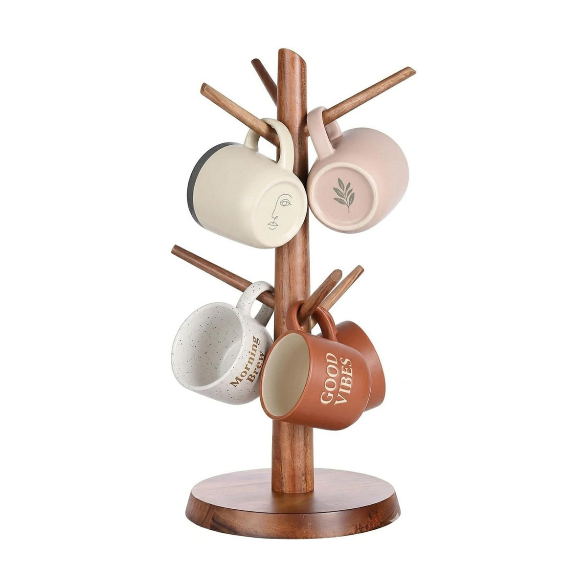 Coffee Mug Tree 6-Hook,Acacia Wood Mug Holder Countertop | Mugs Stand for Tea & Coffee Cups, Kitchen Countertop &