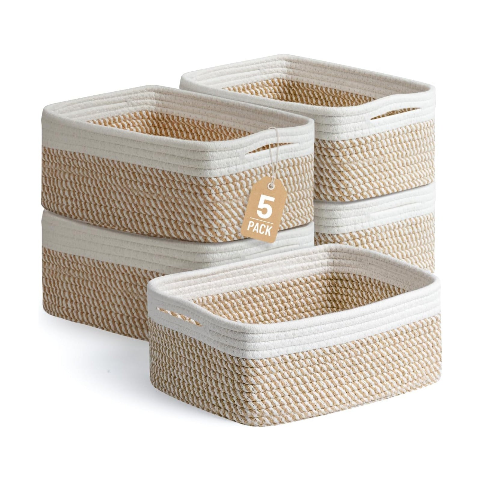 Small Woven Storage Baskets / Khaki & White / Set of 5