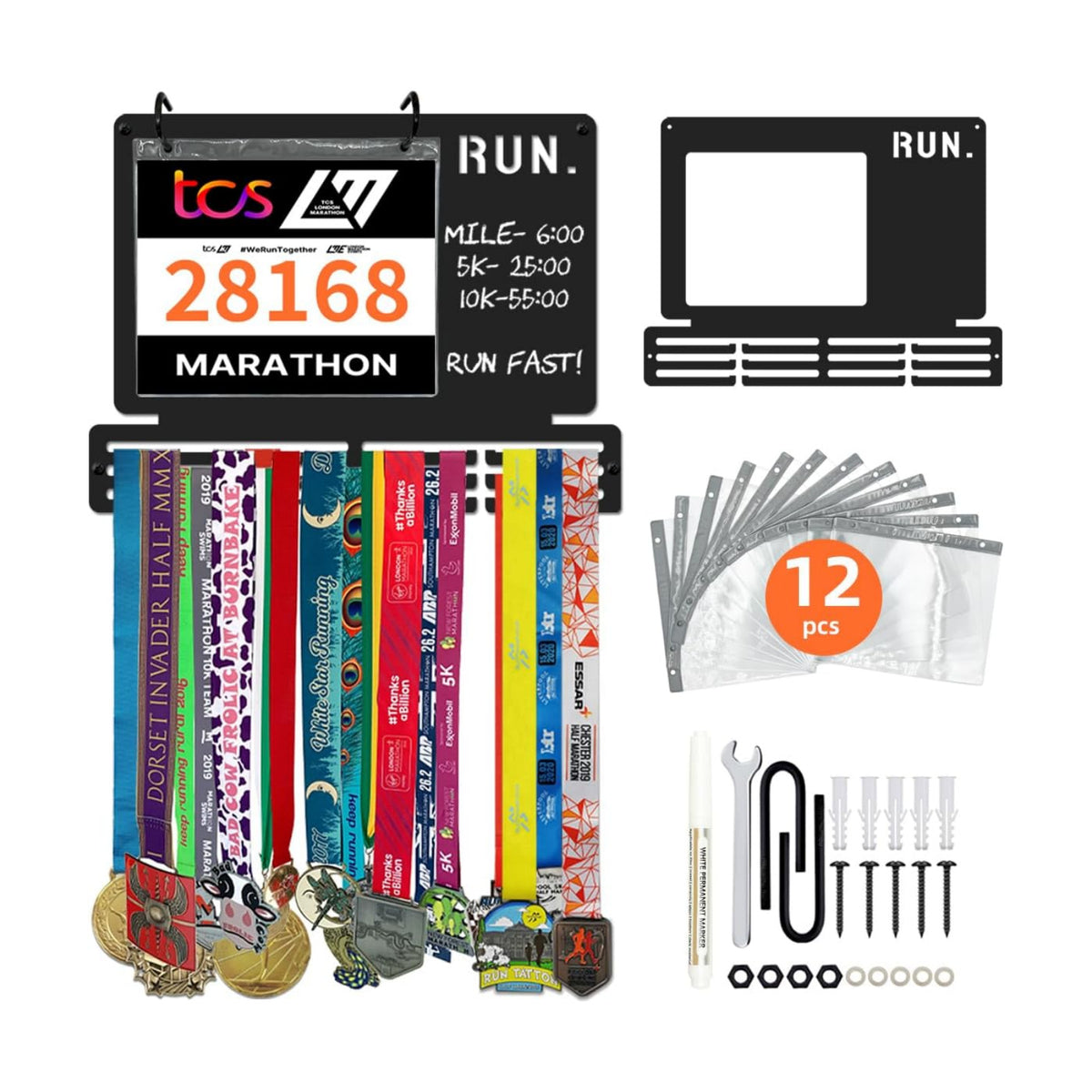 Race Bib & Medal Display Holds 45+ Medals 100 Bibs | 16" Metal Marathon Running Race Medal Hanger Display, 12 Bib