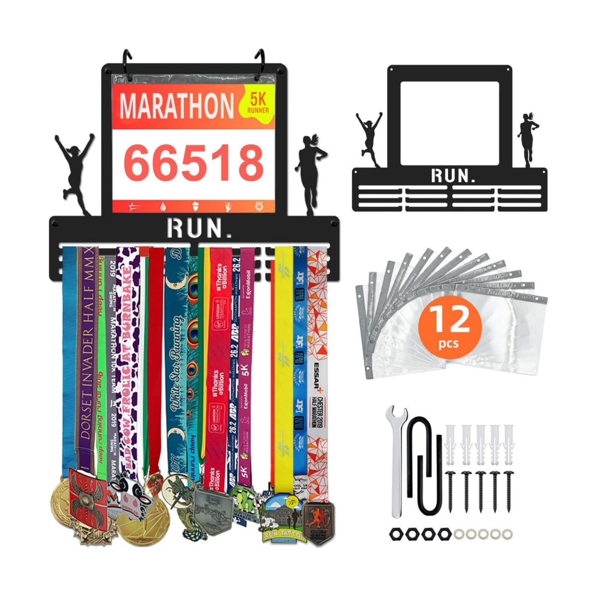 Race Bib & Medal Display Holds 45+ Medals 100 Bibs | 16" Metal Marathon Running Race Medal Hanger Display, 12 Bib