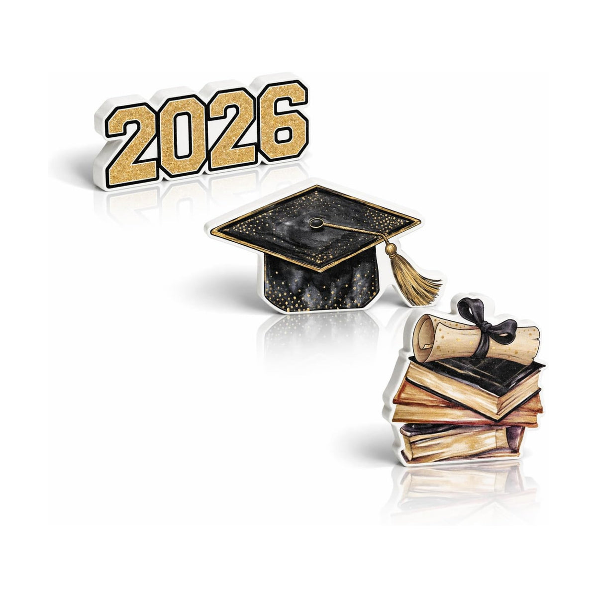 Smile 2026 Graduation Wooden Standing Decor Set, 3-Piece Grad Cap & Diploma Book Stack Tiered Tray Tabletop Signs for Graduation Party Decorations