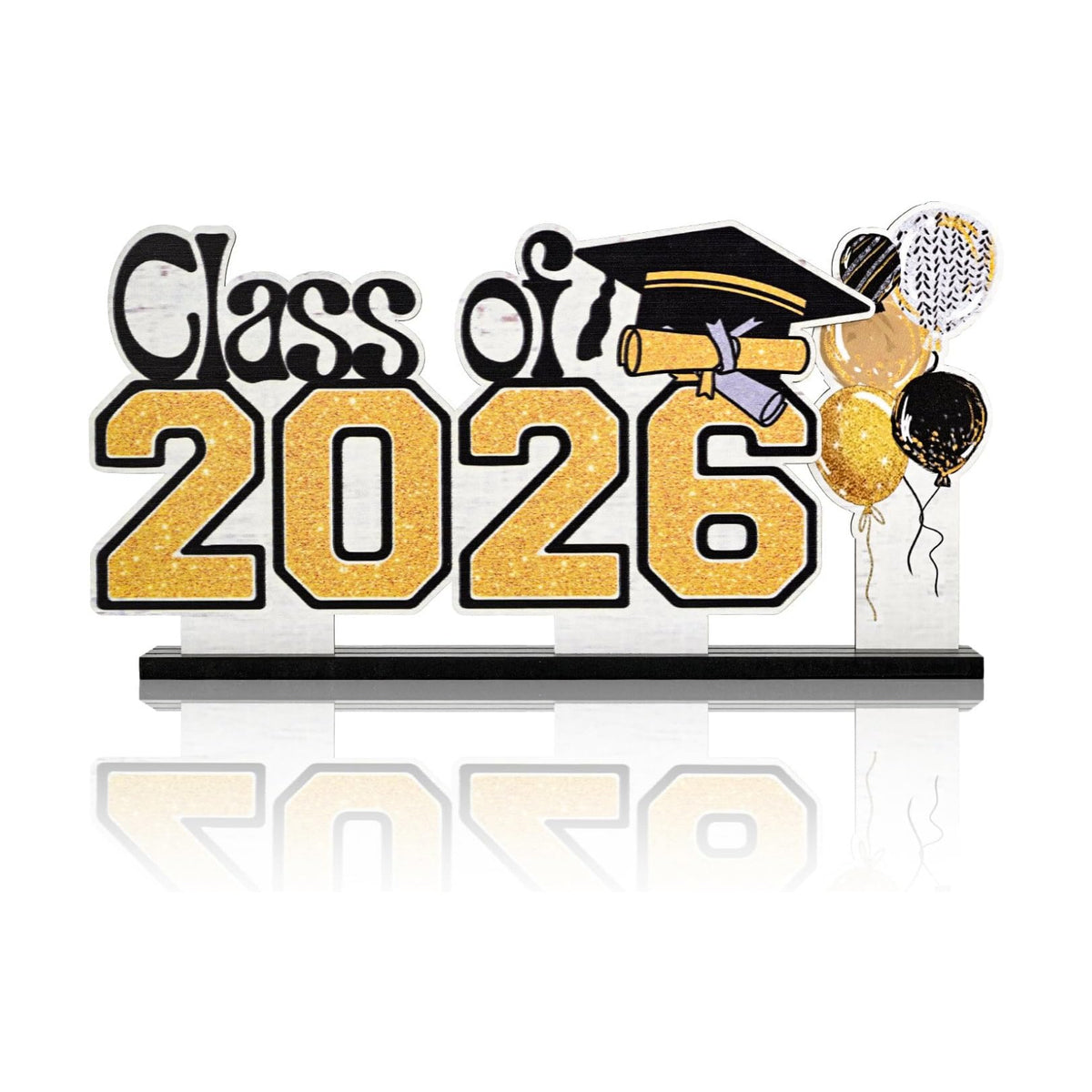 Smile 2026 Graduation Wooden Standing Decor Set, 2-Piece Class of 2026 Balloon Bouquet Tiered Tray Tabletop Signs with Stands for Graduation Party Decorations