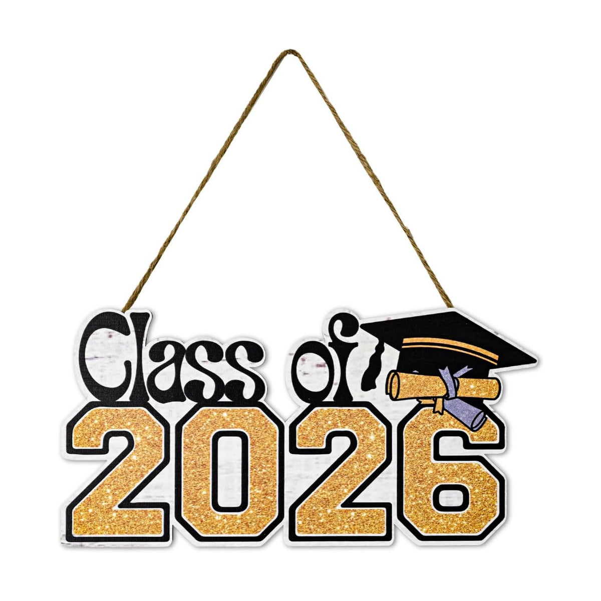 Smile Class of 2026 Graduation Wooden Door Hanger, Black & Gold Glittered Grad Cap & Diploma Front Door Sign for Graduation Party Decorations