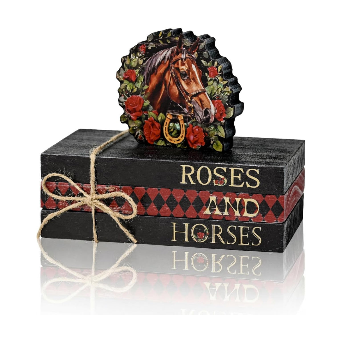 Smile Horses and Roses Wooden Block Decor Set, 4-Piece Horse Head Wreath & Themed Tiered Tray Tabletop Signs for Horse Racing Party Decorations