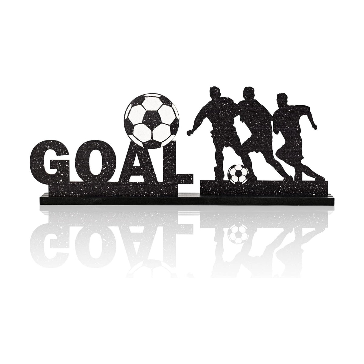 Smile Soccer GOAL Wooden Standing Decor Set, 2-Piece Black Player Silhouette & Text Tiered Tray Tabletop Signs with Stands for Game Day & Sports Party Decorations