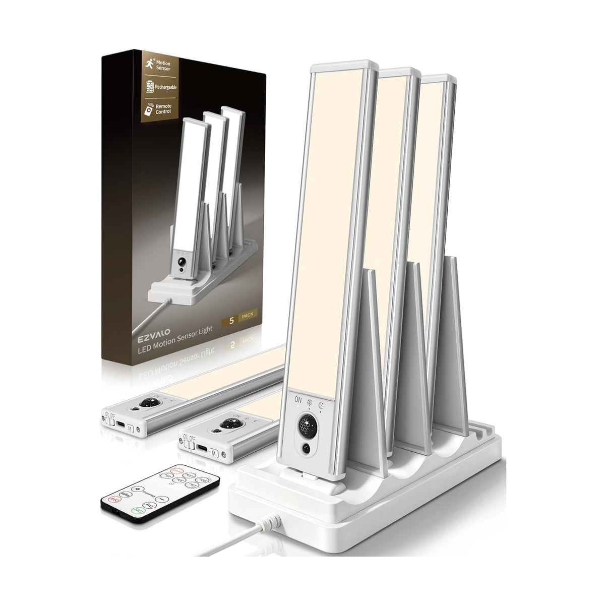 EZVALO 5-Pack Under Cabinet Lighting with Charging Station, 2400mAh Motion Sensor Light, LED Coutner Lights Wireless