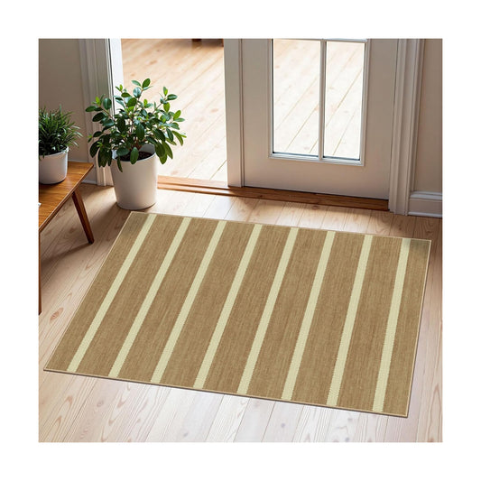 Indoor Front Door Mat, 2x3 Cottage Tan Beige Striped Front Door Rug