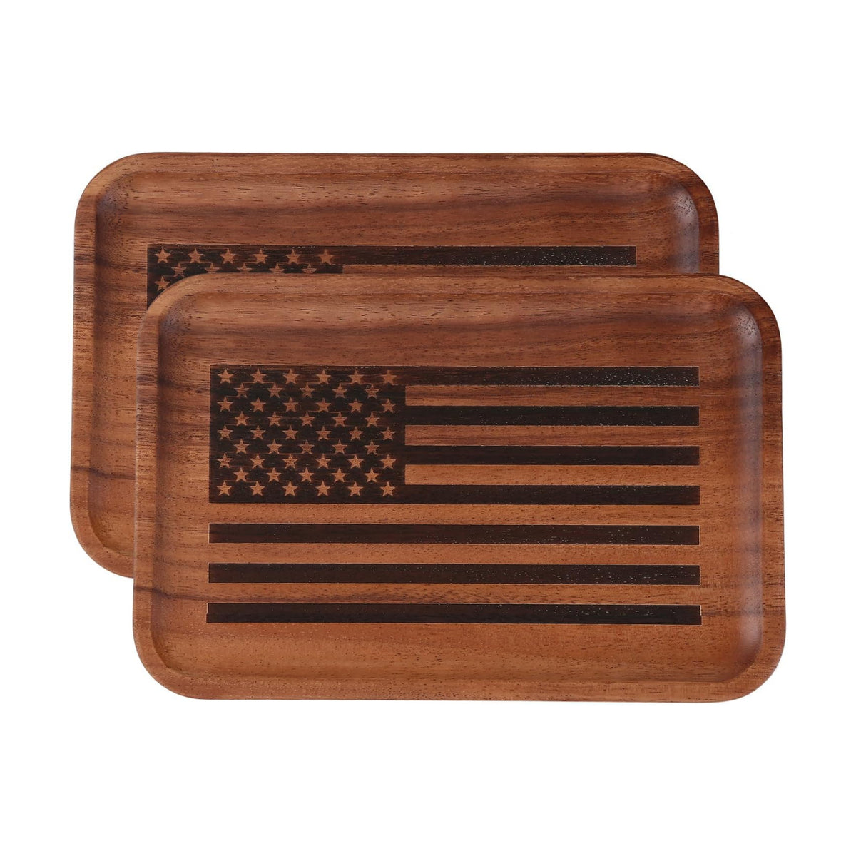 2PCS American Flag Serving Acacia Wood Valet Tray for Men Women Catch All Acacia Wooden Tray Gift, Mens Key Tray