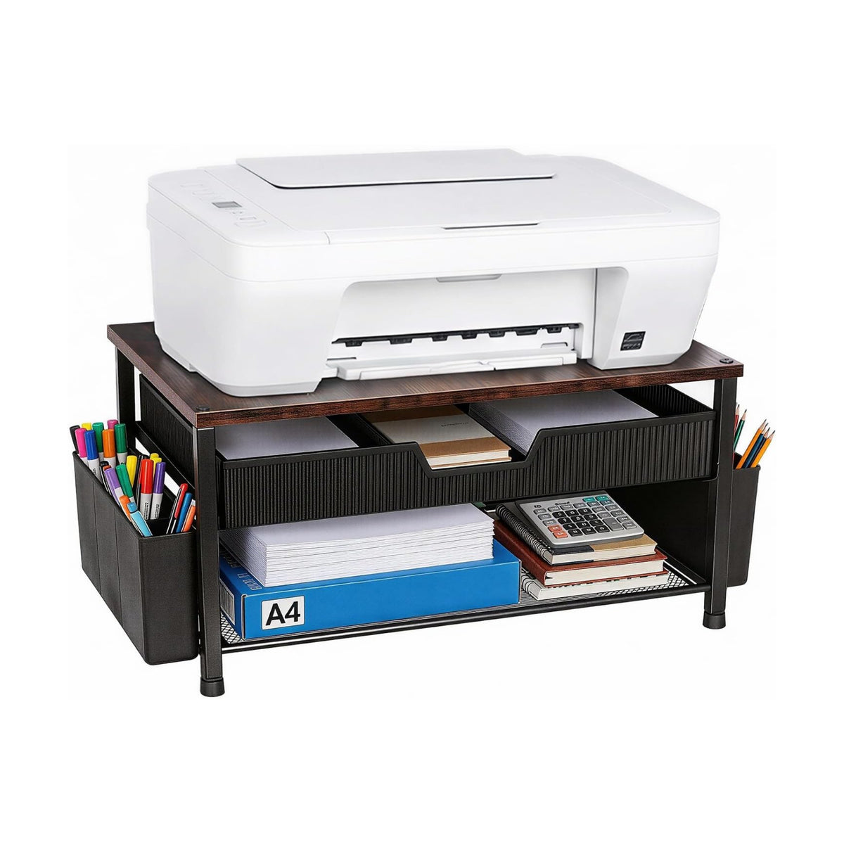 Printer Stand for Desk, Desk Organizer with Storage, Desktop Printer Table for Home Office, Multi-Purpose Shelves for