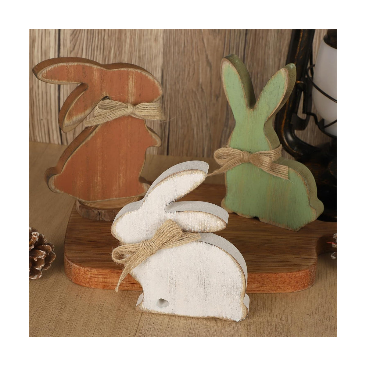 3Pcs Easter Decorations, Farmhouse Wooden Bunny Table Decor Rustic Rabbit Centerpieces Sign for Home Tiered Tray Mantel Office Party Supplies (Dark)