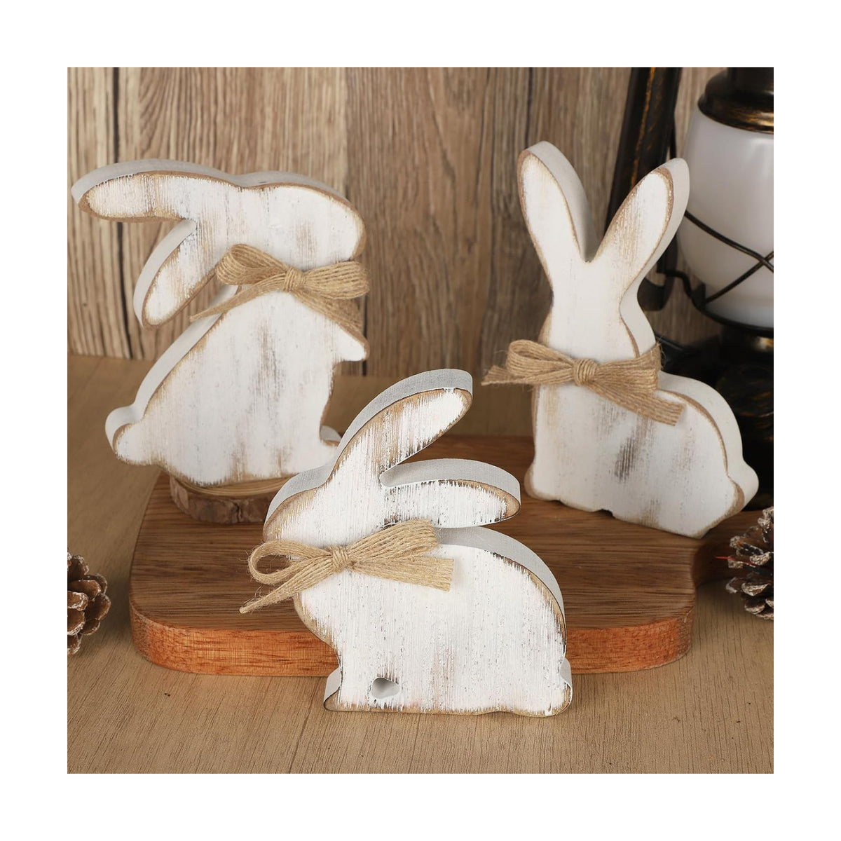3Pcs Easter Decorations, Farmhouse Wooden Bunny Table Decor Rustic Rabbit Centerpieces Sign for Home Tiered Tray Mantel Office Party Supplies (White)