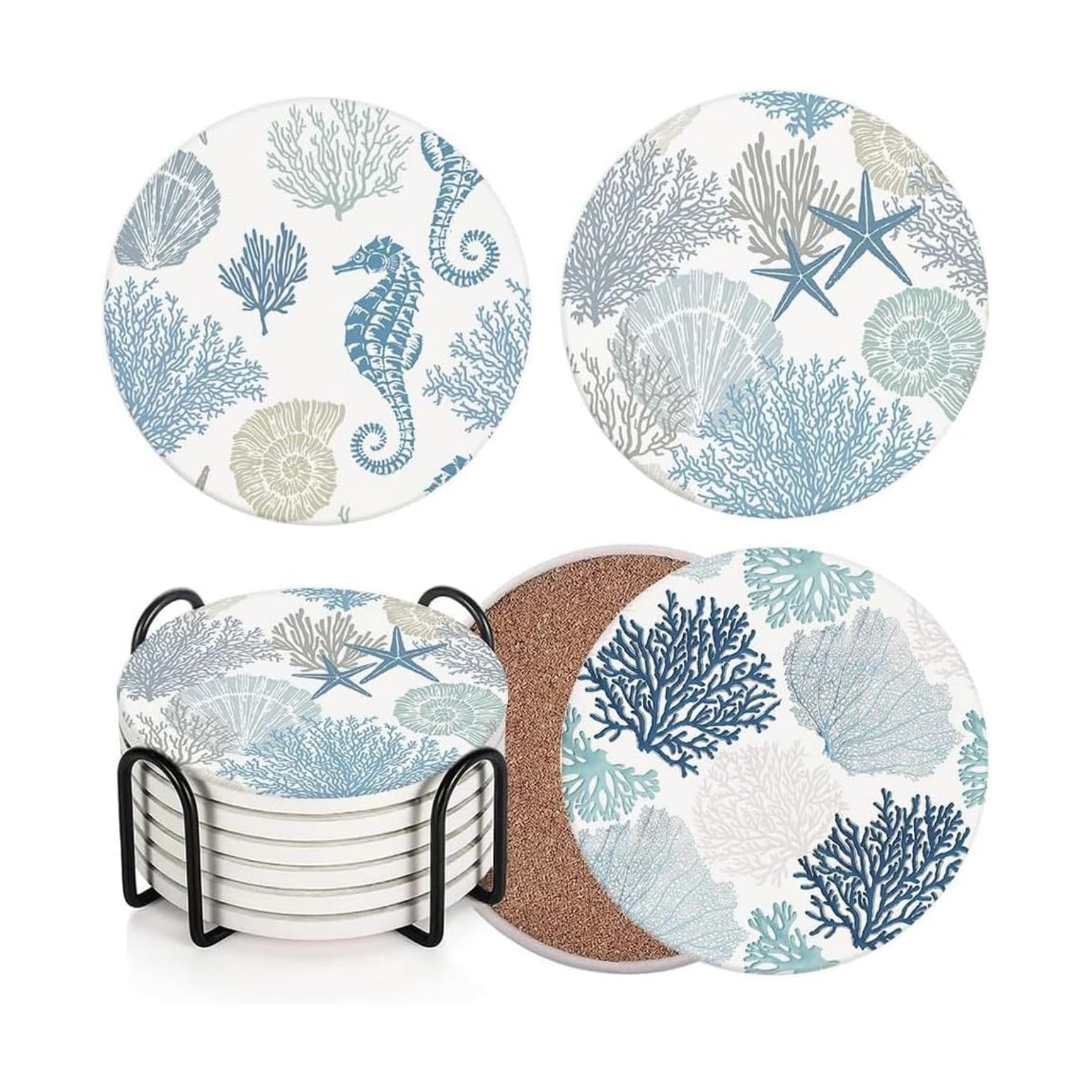 Metal Holder / Coastal Starfish / Round / Blue / Set of 6