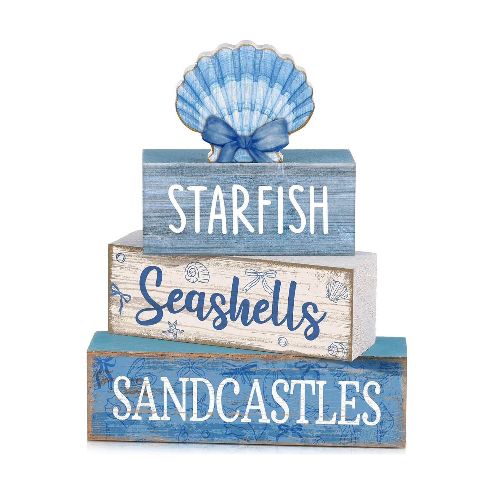 Moucuny 4 Pcs Beach Wooden Signs Table Decor with Shell, Tiered Tray