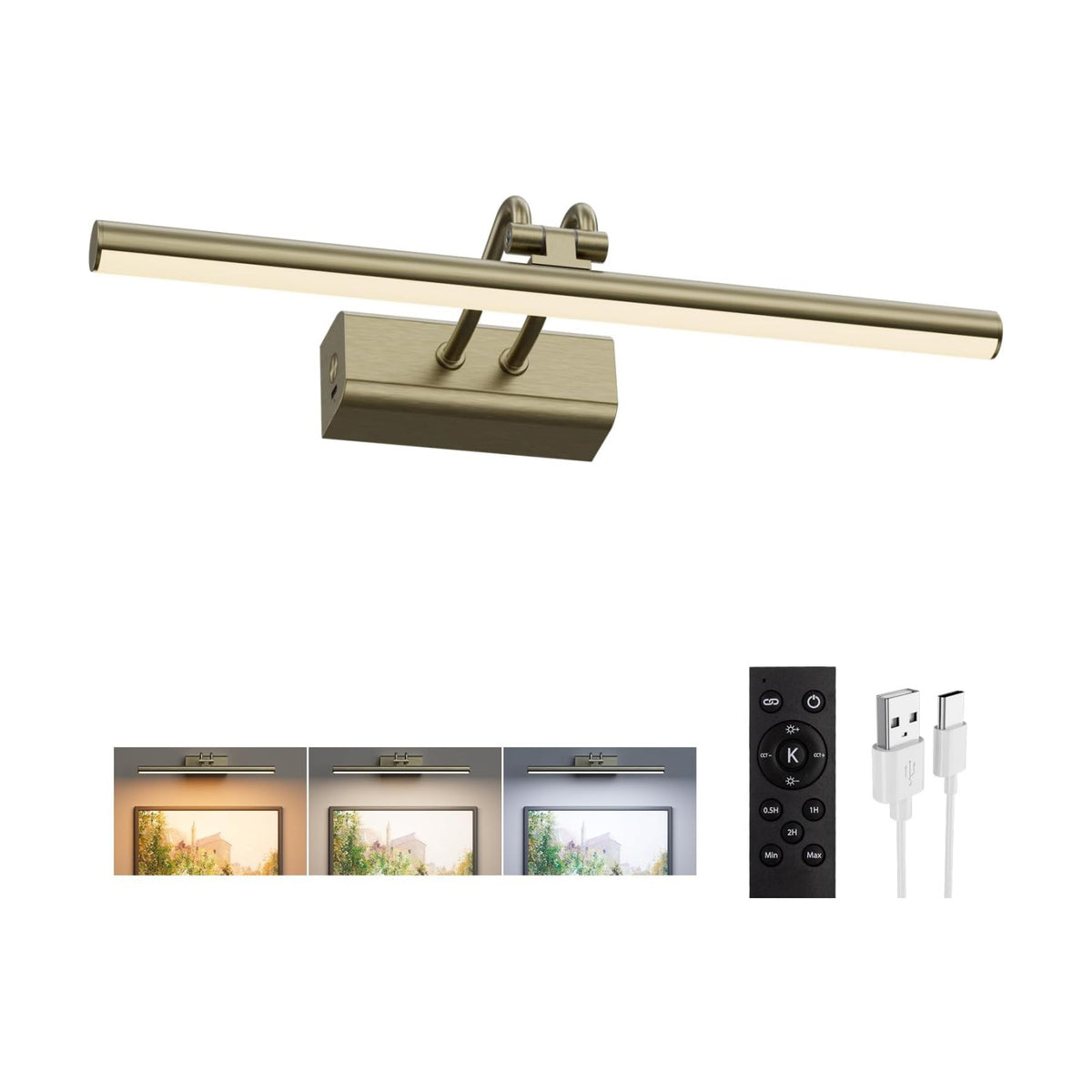 Picture Light for Wall, Antique Brass, 13.8", Remote Control | 4000mAh Cordless,Wall Light, Magnetic for Easy to