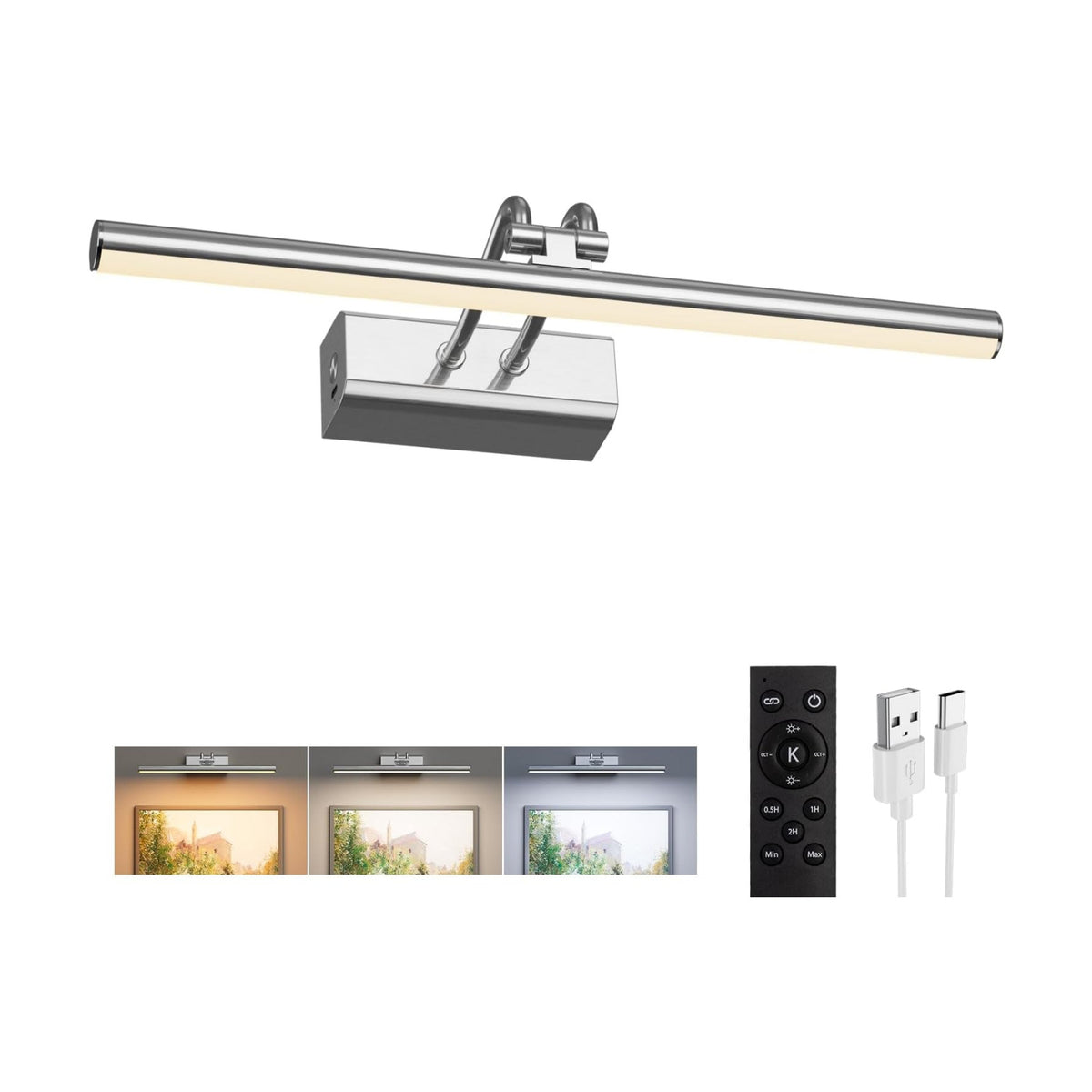 Picture Light for Wall, Platinum Silver, Battery Operated, Remote Control | 4000mAh Cordless,Wall Light, Magnetic for