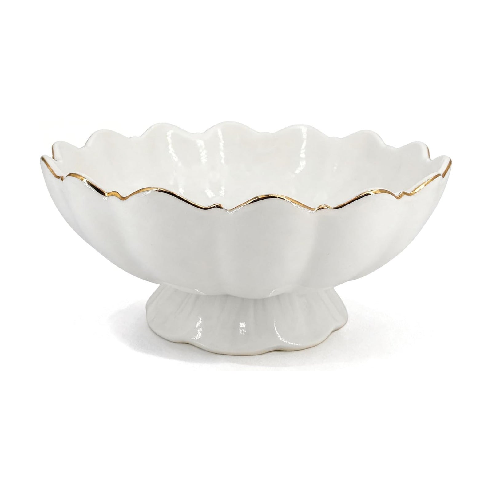 Small Decorative Bowl Ceramic Key & Fruit Bowl Ruffle Lotus Shape / 8 Inch / White