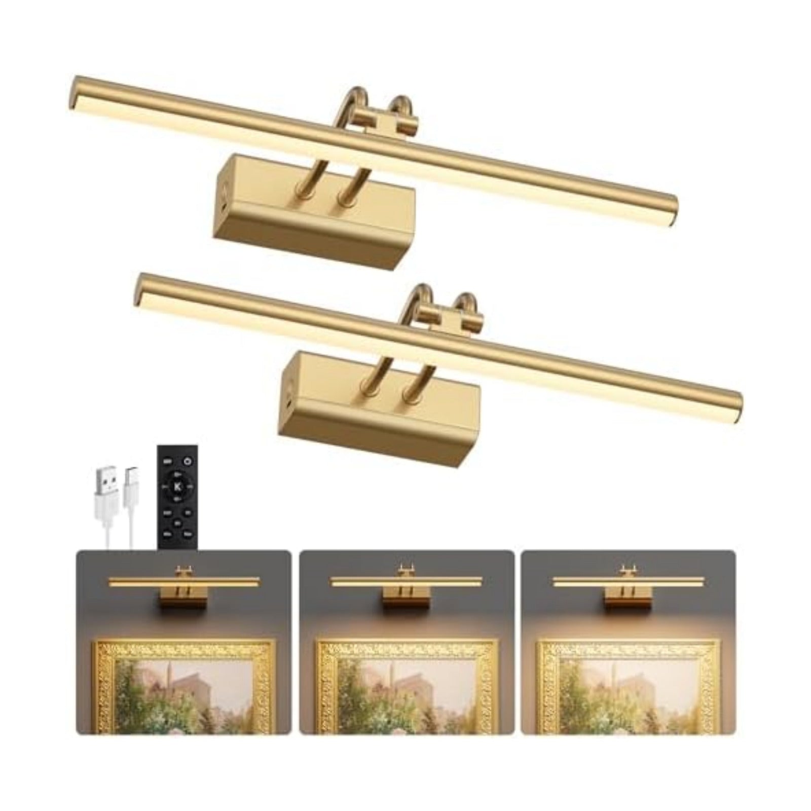 Battery Operated Wall Light, Set of 2, Gold, RF Remote Control
