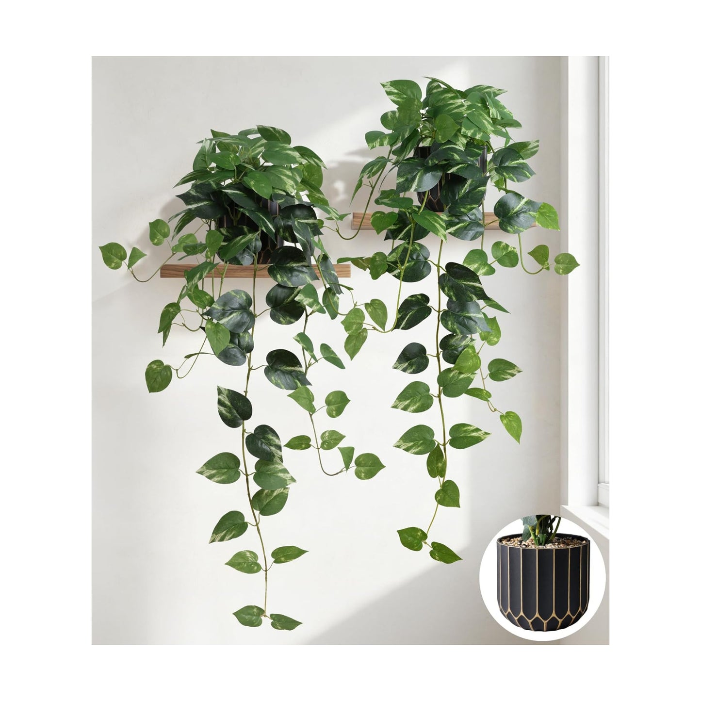 Fake Plants Faux Pothos Plants Potted Indoor Artificial / Golden Green Pothos Potted / Set of 2