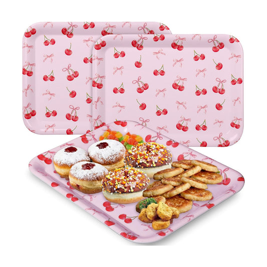Vesici 3 Pcs Cherry Bow Serving Trays 13 x 10 Inch Pink Bow Cherry Melamine Platters Reusable Rectangular Serving Dishes for Coquette Wedding Baby Shower Birthday Party Sharing Snack Fruit Dessert