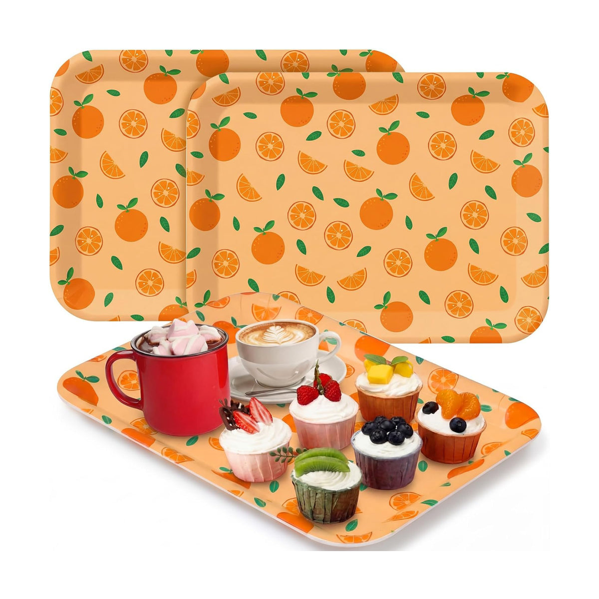 Vesici 3 Pcs Orange Serving Trays 13 x 10 Inch Little Cutie Melamine Platters Reusable Rectangular Serving Dishes for Summer Fruit Theme Birthday Party Baby Shower Picnic Sharing Snack Dessert Candy