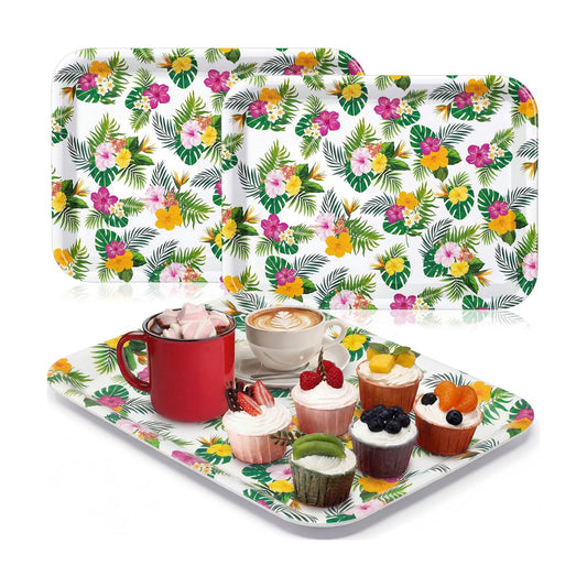 Vesici 3 Pcs Hawaiian Luau Serving Trays 13 x 10 Inch Tropical Hibiscus Flowers Melamine Platters Reusable Rectangular Serving Dishes for Pool Beach Aloha Summer Party Sharing Food Snack Fruit Dessert