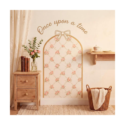 Flower Arch Wall Decals Bow Floral Stickers Nursery Wallpaper Once Upon a Time Sign / Pink / 60 x 35