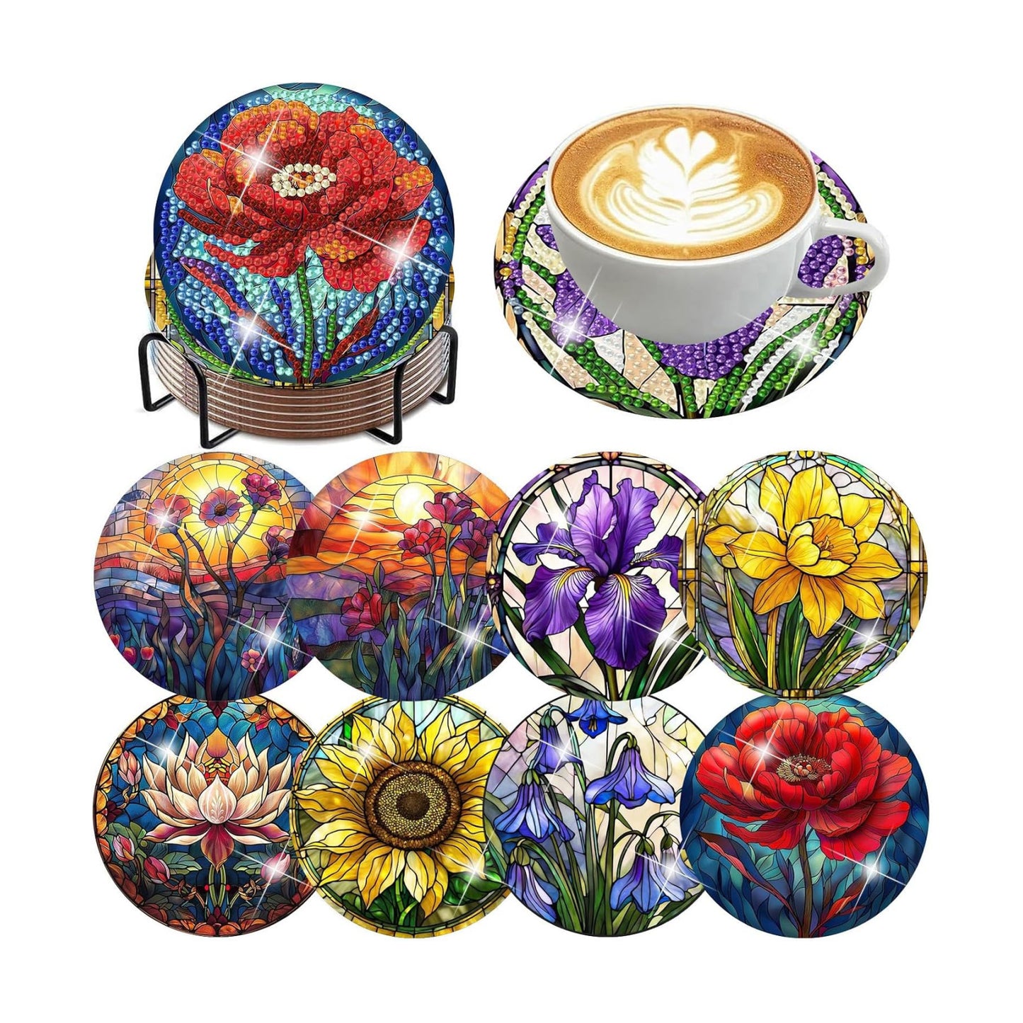 Diamond Art Coasters Flowers Diamond Painting Coasters Kits Flower / Flowers Coasters / Set of 8