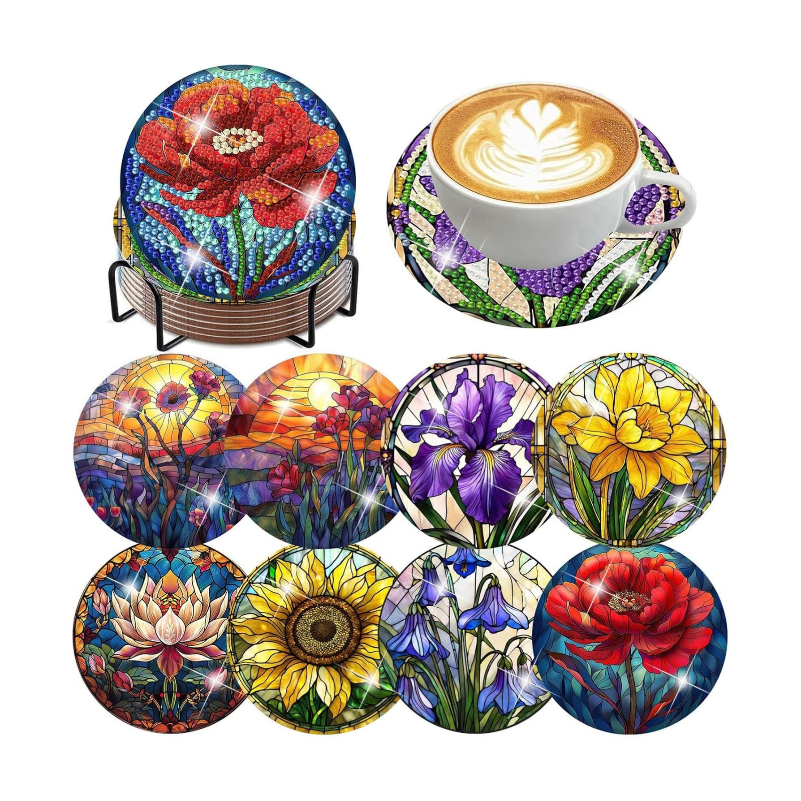 Diamond Art Coasters Flowers Diamond Painting Coasters Kits Flower / Flowers Coasters / Set of 8
