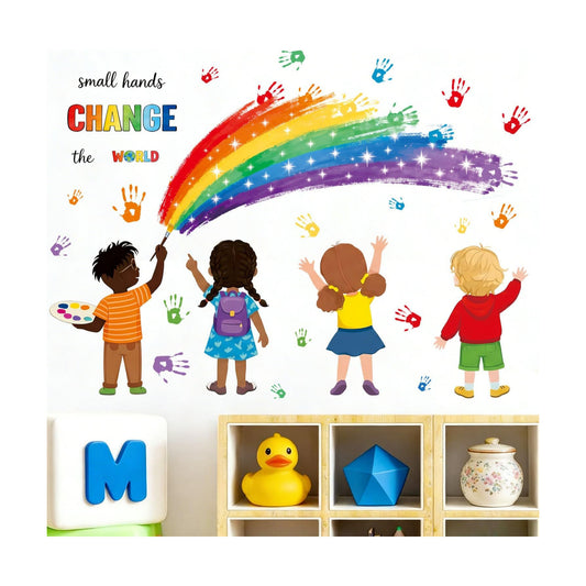 Rainbow Hand Print Wall Sticker Kids Inspirational Quotes Small Hands Change the World Peel