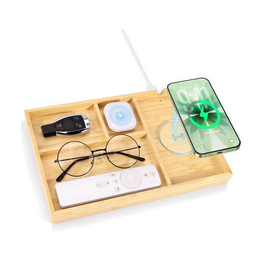 Bamboo Valet Tray with Dual Wireless Charger - EDC Nightstand Organizer for Men - Desk Tray & Catchall for Phone