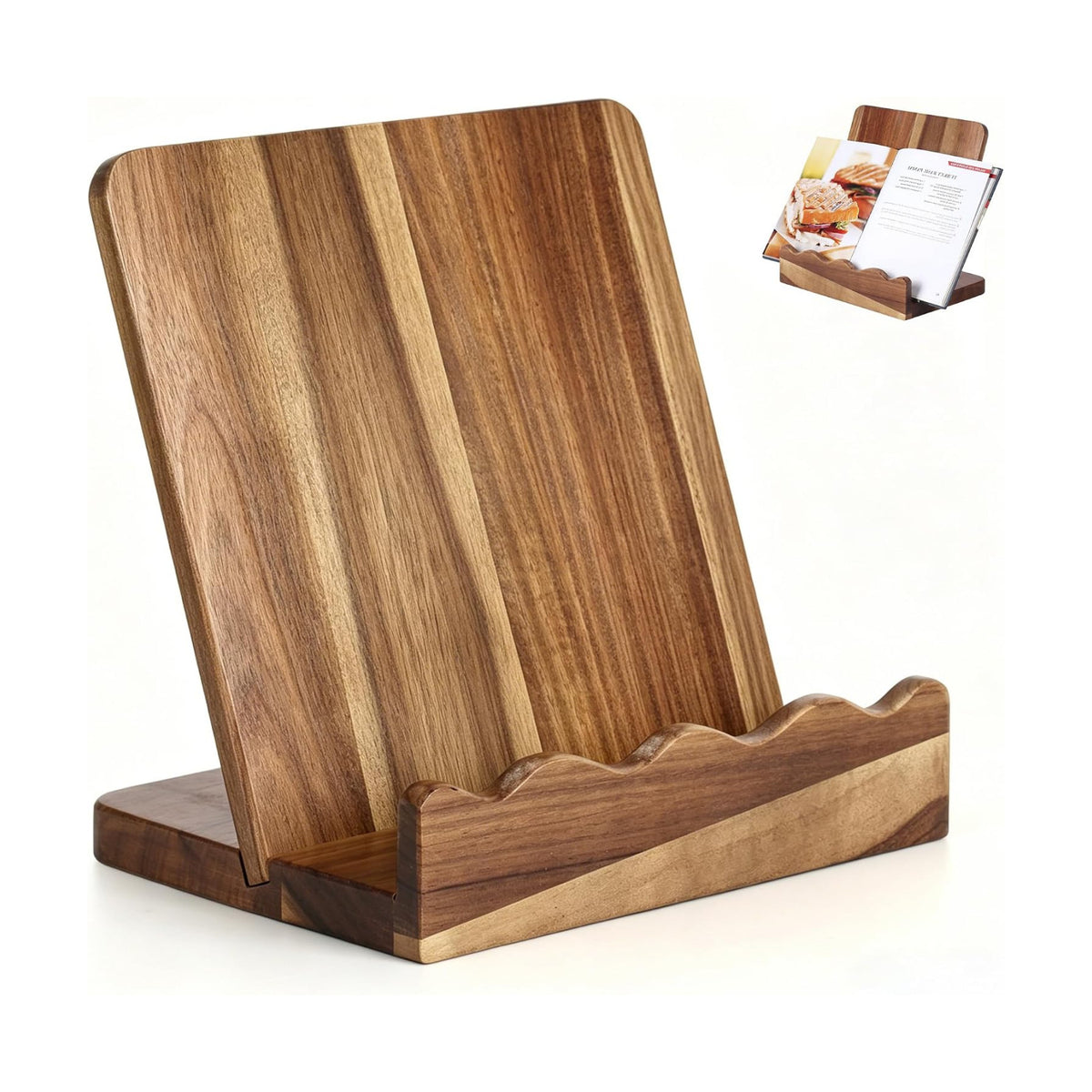 Scalloped Acacia Wood Cookbook Stand, Recipe Book Holder Keeps Pages Open | 2-in-1 Book Holder & Serving Tray，with