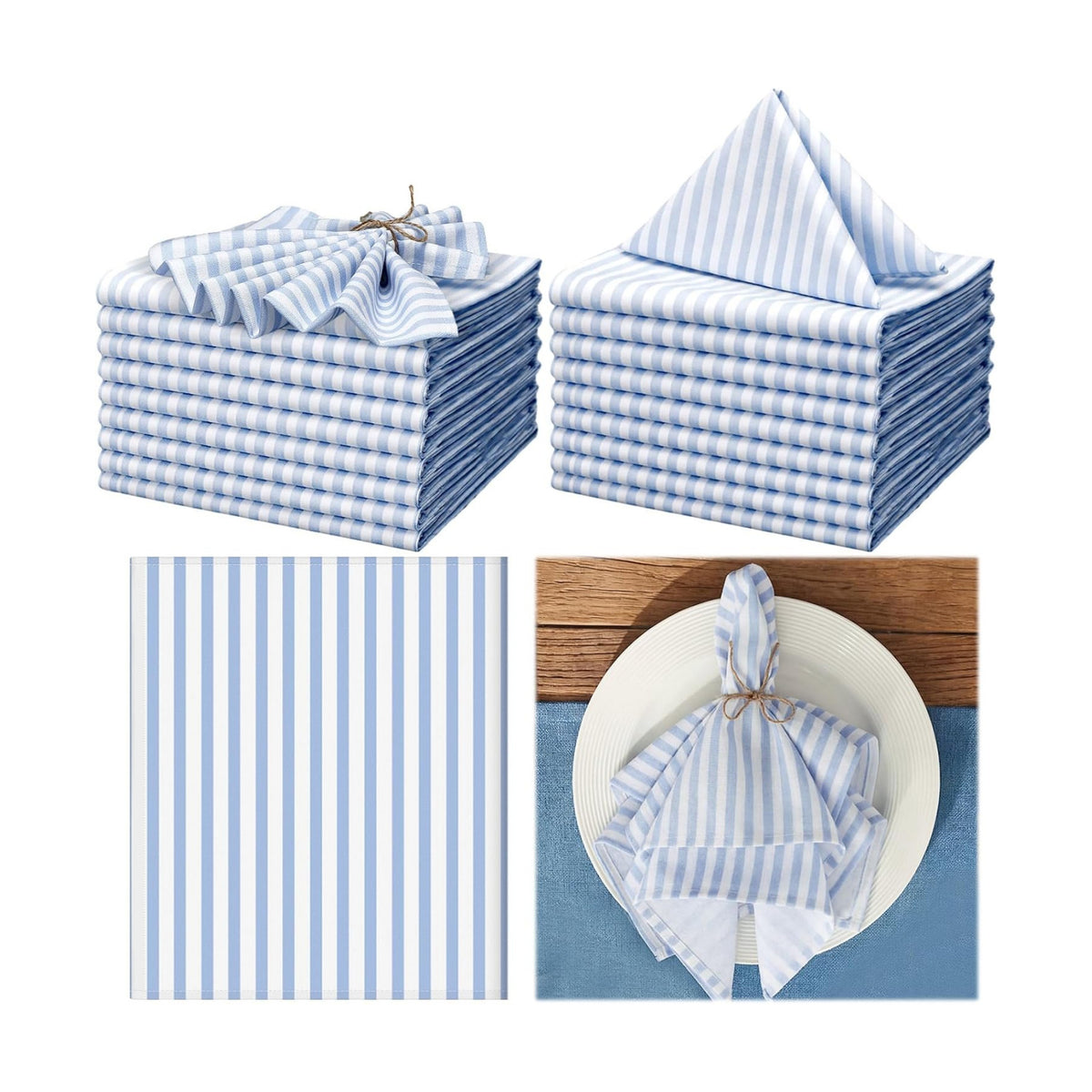 Funnymoom 24 Pcs Blue and White Striped Cloth Napkins, Reusable Dinner