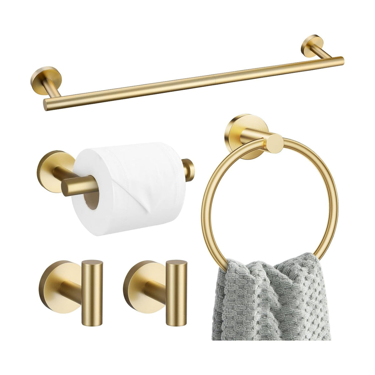 5 Pieces Brushed Gold Bathroom Hardware Accessories Set SUS304 Stainless Steel Gold Towel Bar Holder Set, 23.6Inch