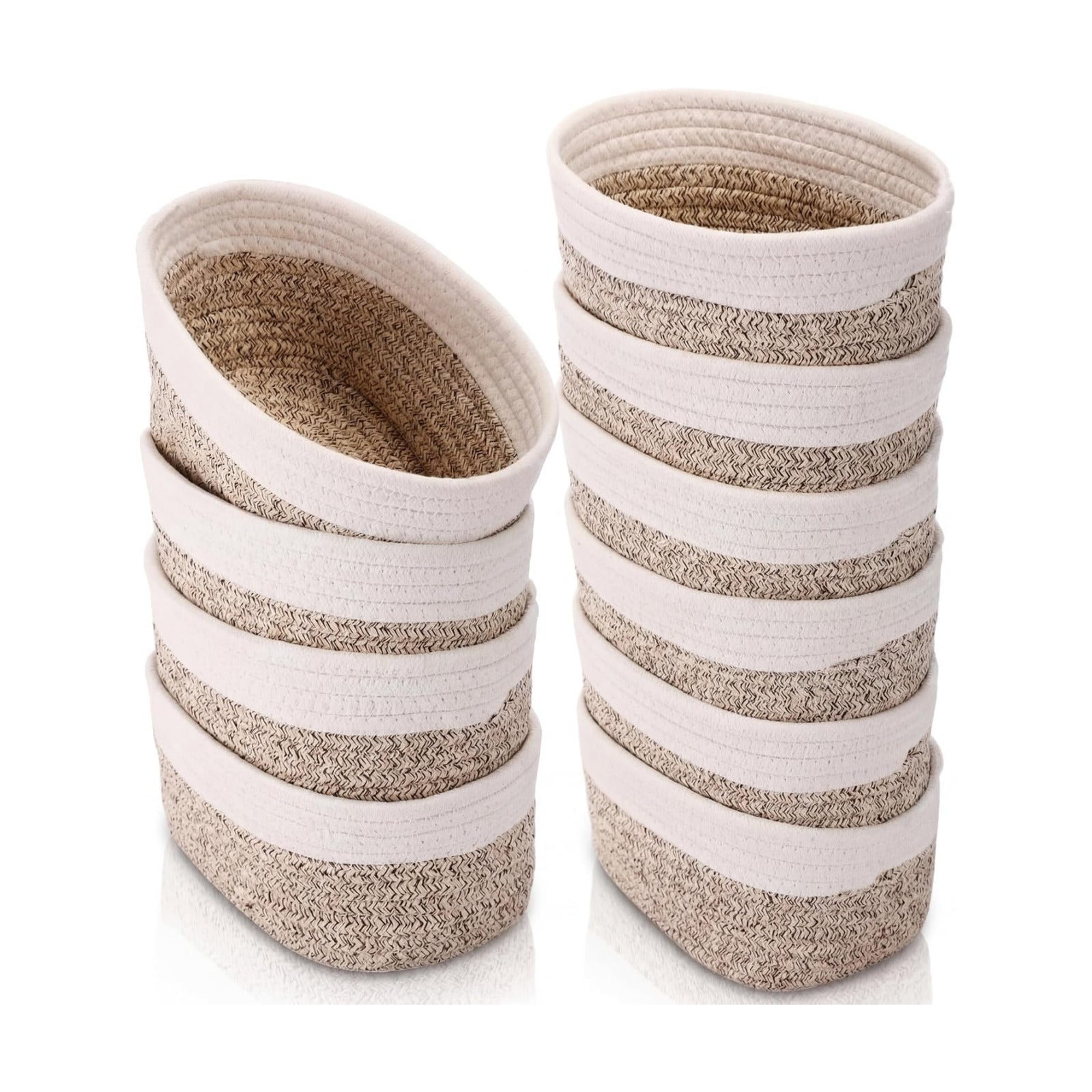 Small Woven Baskets for Storage / Brown, White / Set of 10