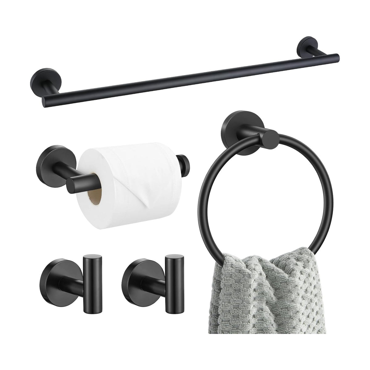 5 Pieces Matte Black Bathroom Hardware Accessories Set SUS304 Stainless Steel Black Towel Bar Holder Set, 23.6Inch