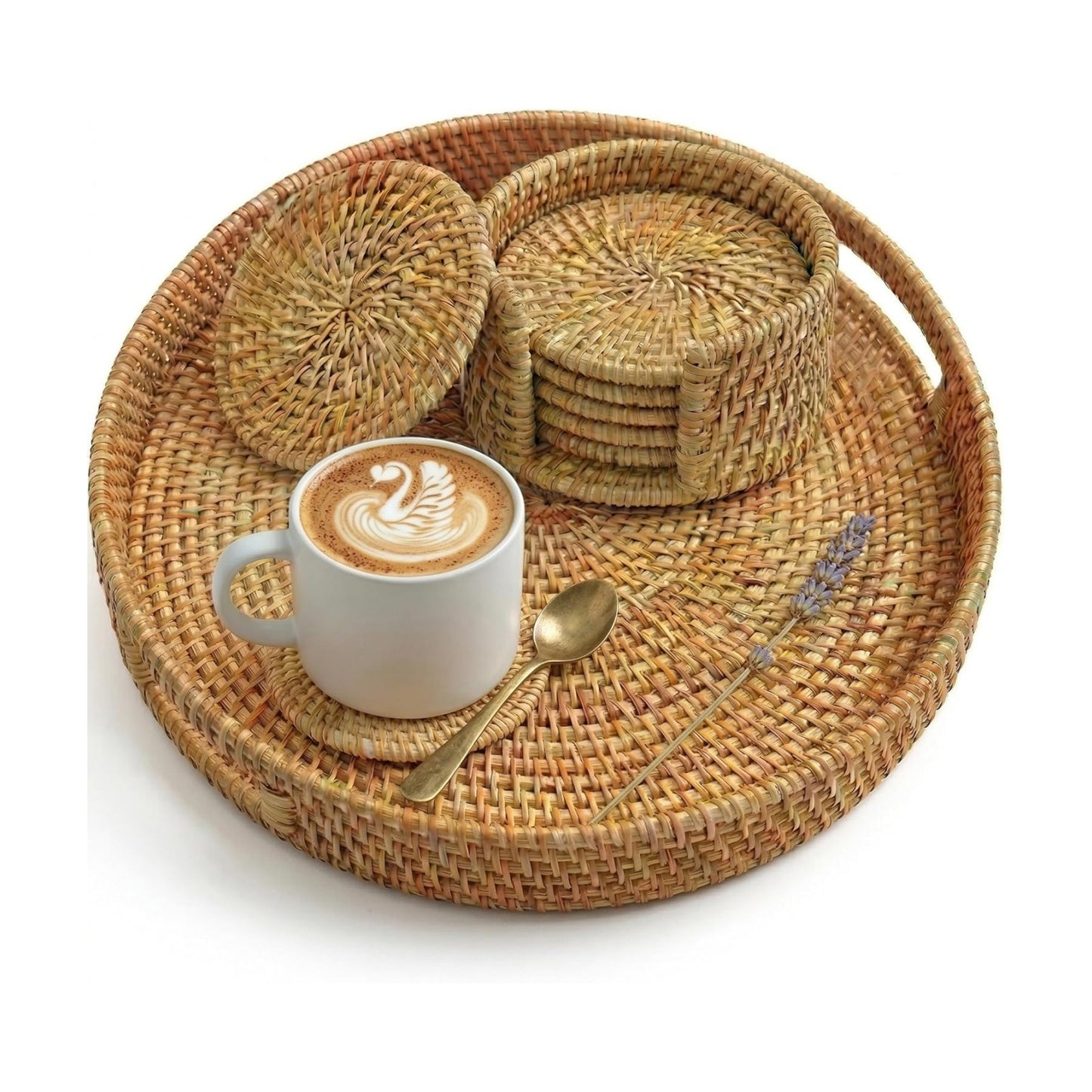 Round Rattan Serving Tray & 6 Coasters Set / Natural
