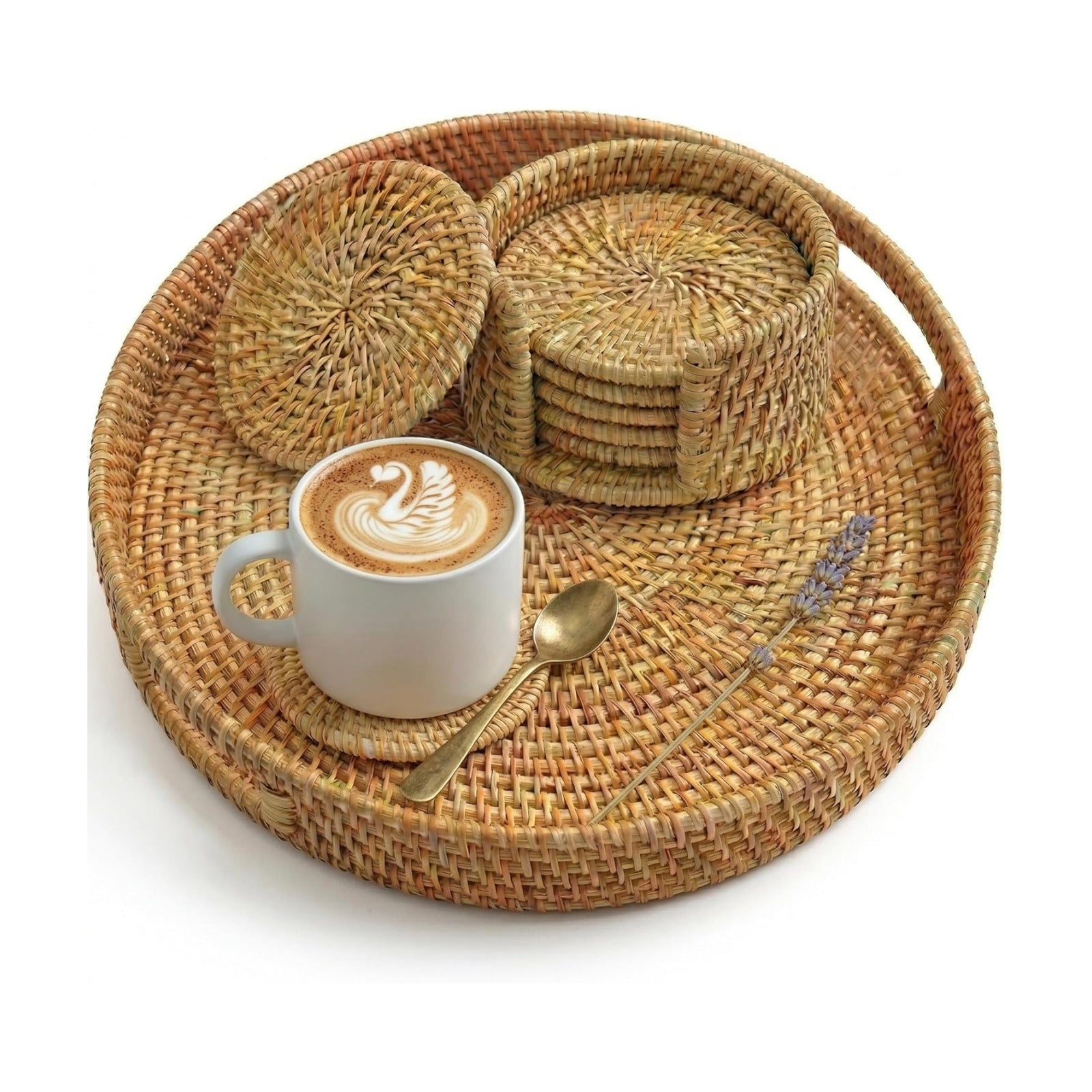 Round Rattan Serving Tray & 6 Coasters Set / Natural