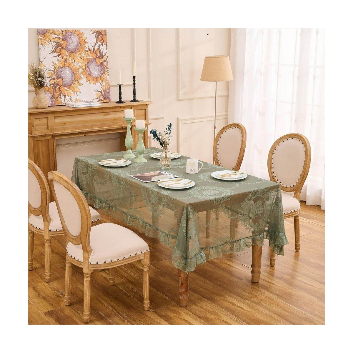 Sage Green Lace Tablecloth, Floral Rectangular Table Cloth 55”x40”