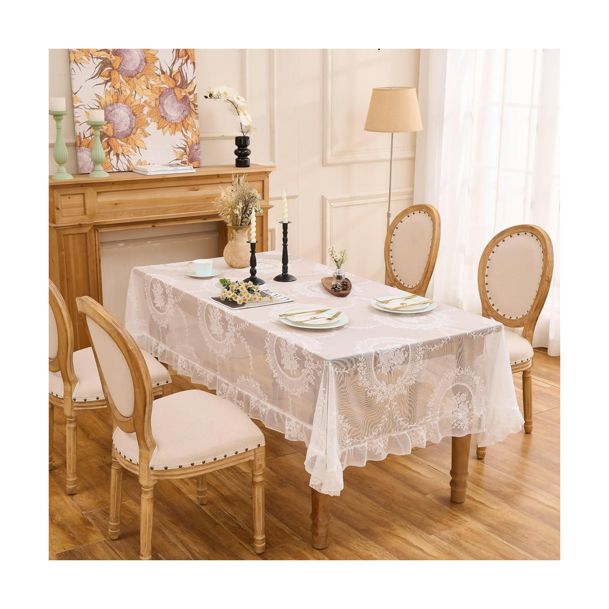 White Lace Tablecloth, Vintage Rectangular Table Cloth 95”x55”