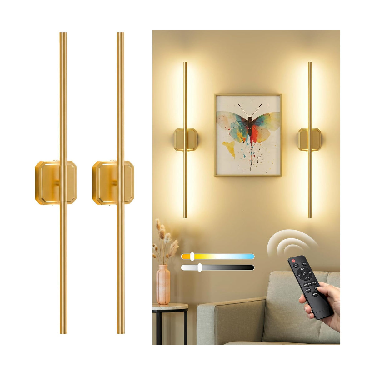 Battery Operated Wall Sconces Set of Two, Wireless Wall Lights Touch & Remote Control Rechargeable LED Wall Lamp